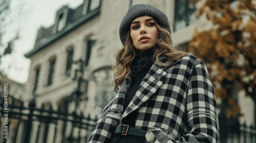 A stylish hounds tooth coat in black and white, fitted with a classic belt at the waist, paired with a soft knit beret and a cozy woolen scarf, creating a chic, timeless winter outfit.