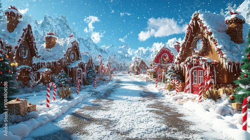 Gingerbread Village Winter Wonderland: A whimsical and festive gingerbread village nestled amidst snow-capped mountains, bathed in the soft glow of a winter sun.