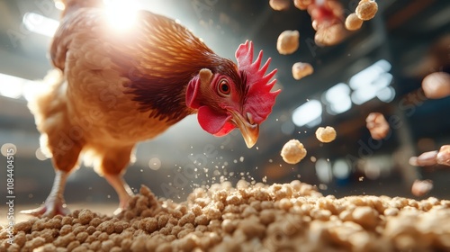 Close-up of a chicken pecking at grains on the ground, illuminated by soft light, highlighting the natural behavior and vibrant details of the bird's environment.