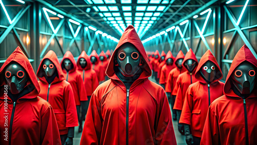 Group of people wearing red hooded and black masks in a dark corridor. Guard mask from the movie squid game. Famous Korean Squid Game. Glowing blue, neon lamps