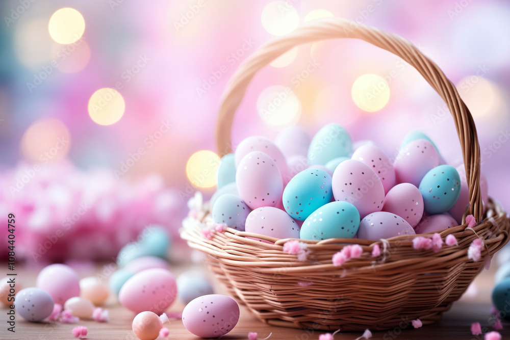 Soft-focus image of Easter basket filled with eggs and candies, pastel colors Soft-focus image of Easter basket filled with eggs and candies, pastel colors