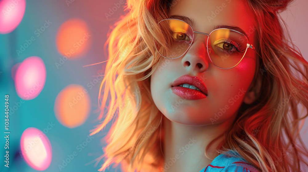 Fototapeta premium A young woman with blonde balayage hair, her confident pose and vibrant makeup showcasing her individuality