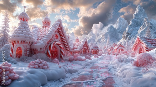 Candy Cane Village: A whimsical winter wonderland with enchanting gingerbread houses, snow-covered mountains, and a path leading to a charming church.