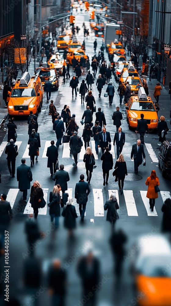Obraz premium many business people crossing a busy city street, with motion blur to emphasize the hustle and bustle, captured from a wide angle to show the entire scene.