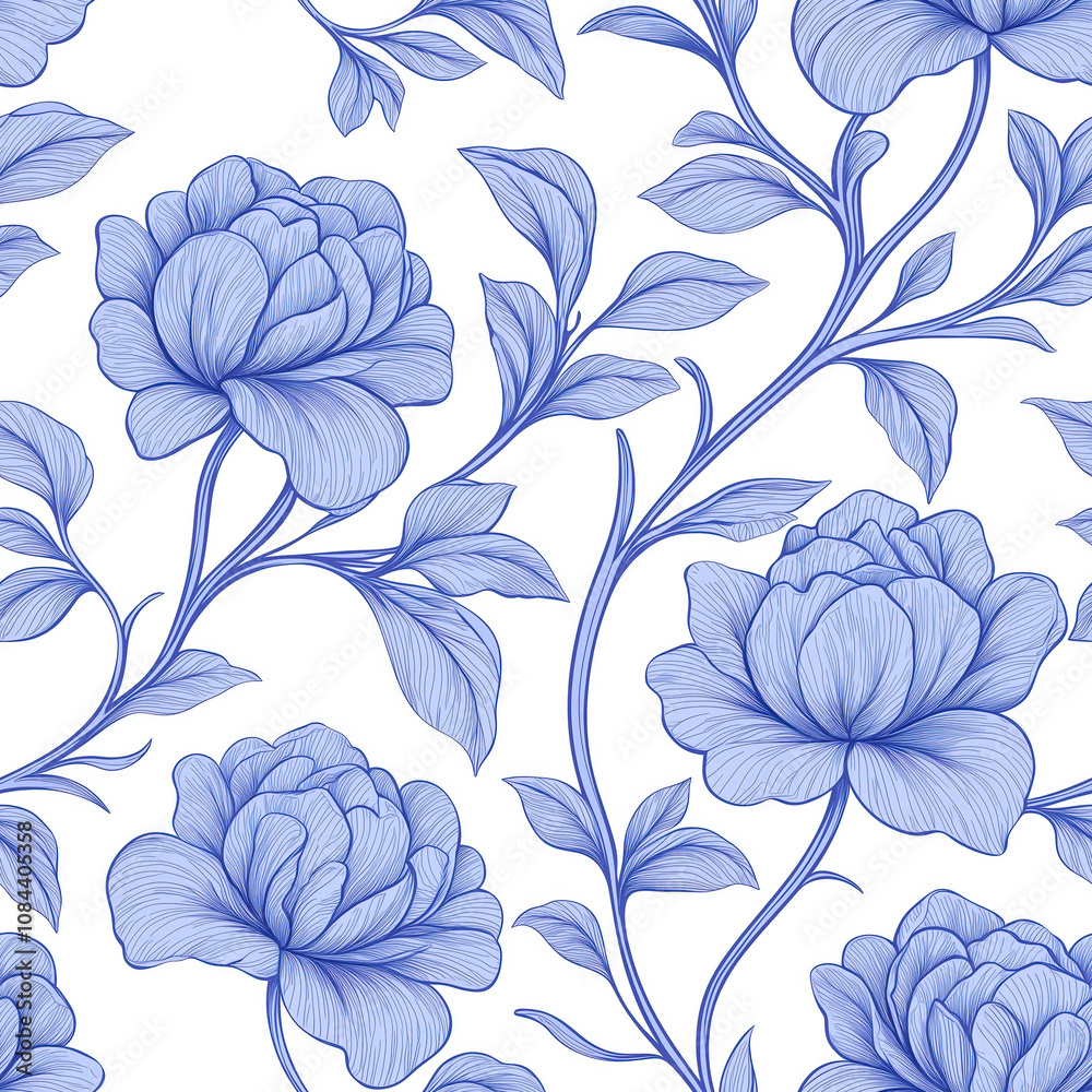 Fototapeta premium Elegant Blue Floral Pattern Featuring Intricate Flower Designs and Delicate Leaves on a Soft White Background for Artistic and Decorative Use