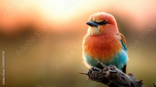 A vibrant orange and blue bird rests on a branch with a soft, glowing sunset in the background, illustrating the harmony and beauty of nature. photo