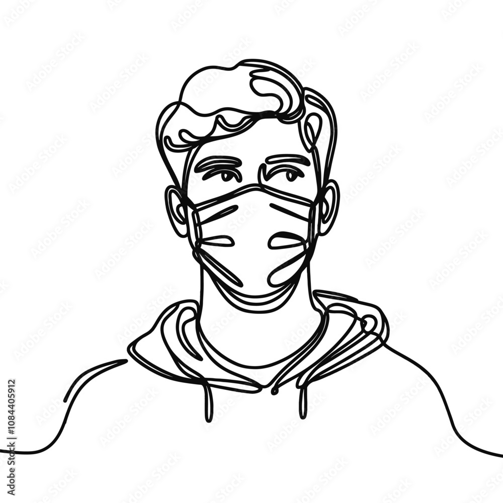 Vector linear image on white background, one line. young man in protective mask, mask mode Vector linear image on white background, one line. young man in protective mask, mask mode