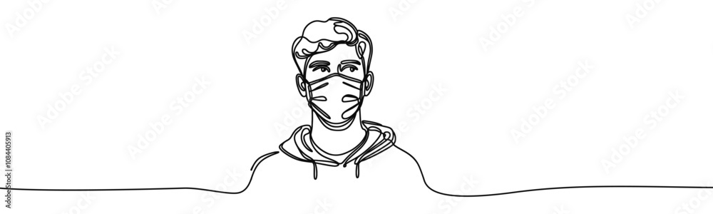 Vector linear image on white background, one line. young man in protective mask, mask mode Vector linear image on white background, one line. young man in protective mask, mask mode