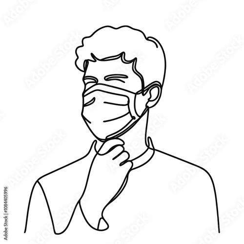 Vector linear image on white background, one line. young man in protective mask, mask mode