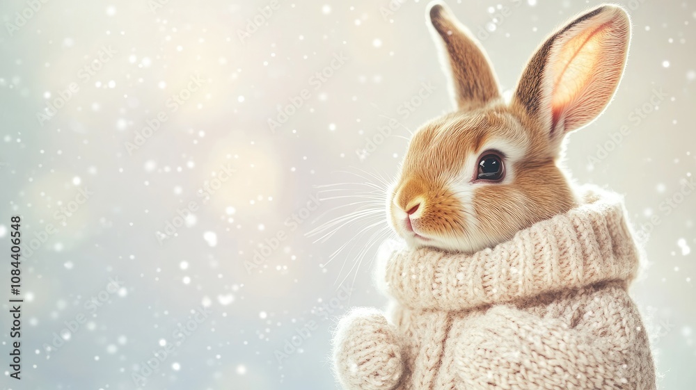 Obraz premium Adorable brown bunny in cozy sweater with snowy background
