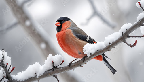 bullfinch sitting on a snow-covered branch