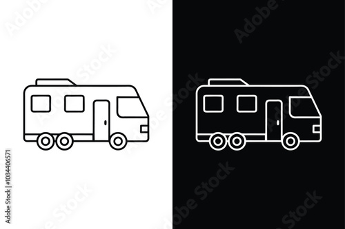 RV Camper and RV Black isolated vector icon illustration on white background. Retro rv camper car illustration logo vector.