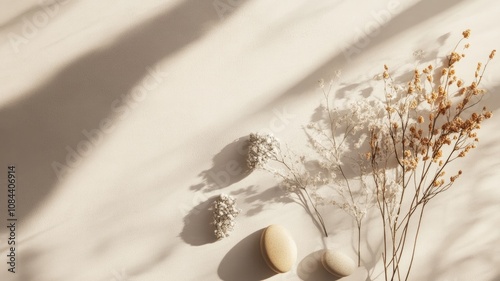 Dried flowers and pebbles casting shadows on beige background