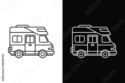 RV Camper and RV Black isolated vector icon illustration on white background. Retro rv camper car illustration logo vector.