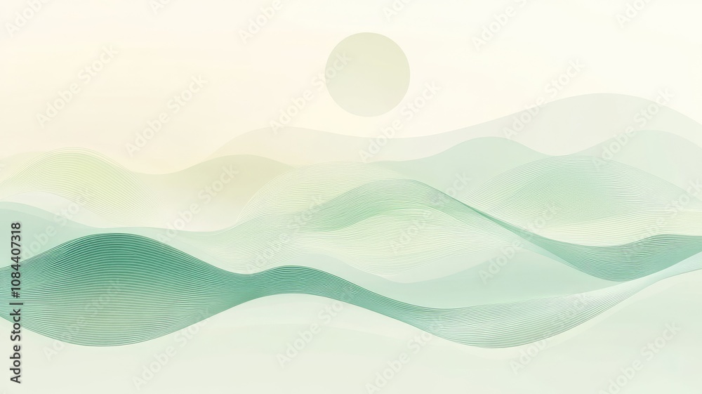 Obraz premium Abstract landscape with flowing green waves and sun, minimalistic style