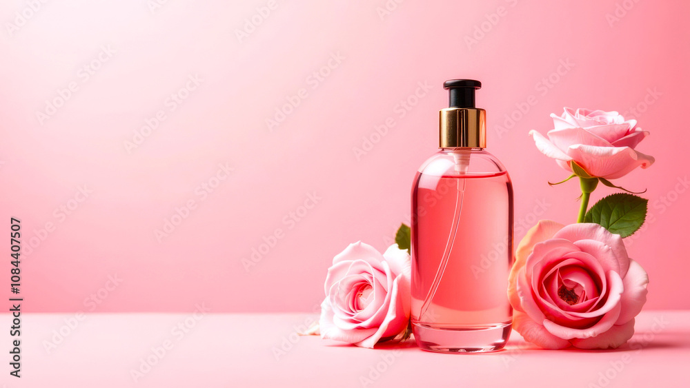 Rose oil on the right. Bottle of liquid cosmetic product and rose flowers, pink background. Empty copy space. Cosmetology and dermatology Rose oil on the right. Bottle of liquid cosmetic product and rose flowers, pink background. Empty copy space. Cosmetology and dermatology