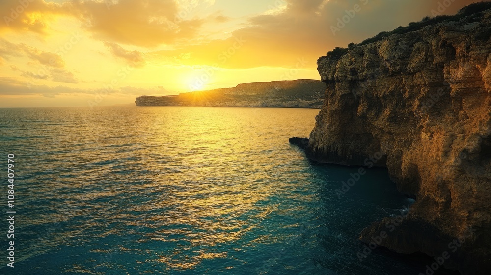 Serene coastal cliffs overlooking a calm turquoise sea under a golden sunset Serene coastal cliffs overlooking a calm turquoise sea under a golden sunset