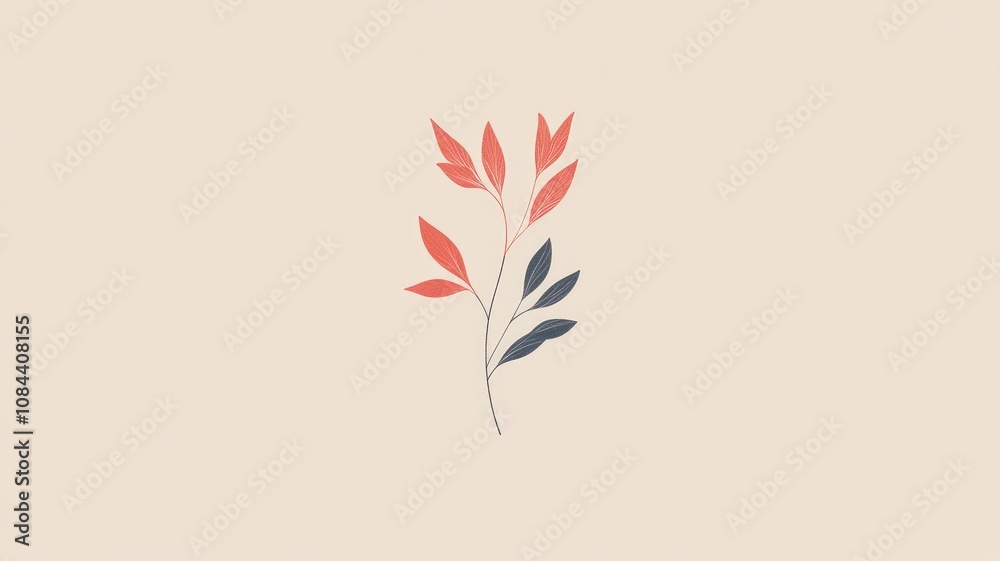 Fototapeta premium Simple illustration of branch with red and blue leaves on beige background