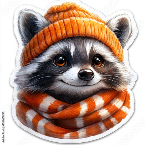 Cute raccoon sticker wearing a scarf, designed for delightful winter themes. photo