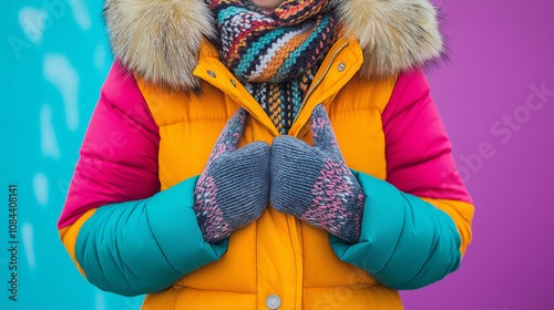 A vibrant color-blocked winter coat with a faux fur-trimmed hood, paired with a patterned scarf and knit gloves. photo