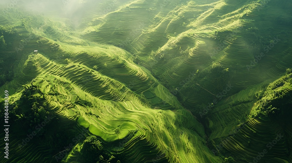 Aerial view of lush green rice terraces in a valley with sunlight streaming through the mist. Aerial view of lush green rice terraces in a valley with sunlight streaming through the mist.