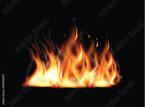 Campfire with lump wood on transparent background. Burning red hot sparks realistic fire flames
