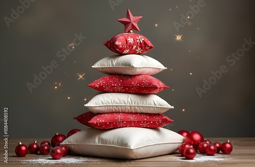 The red and white pillows are stacked on top of each other forming a Christmas tree. The background is grey