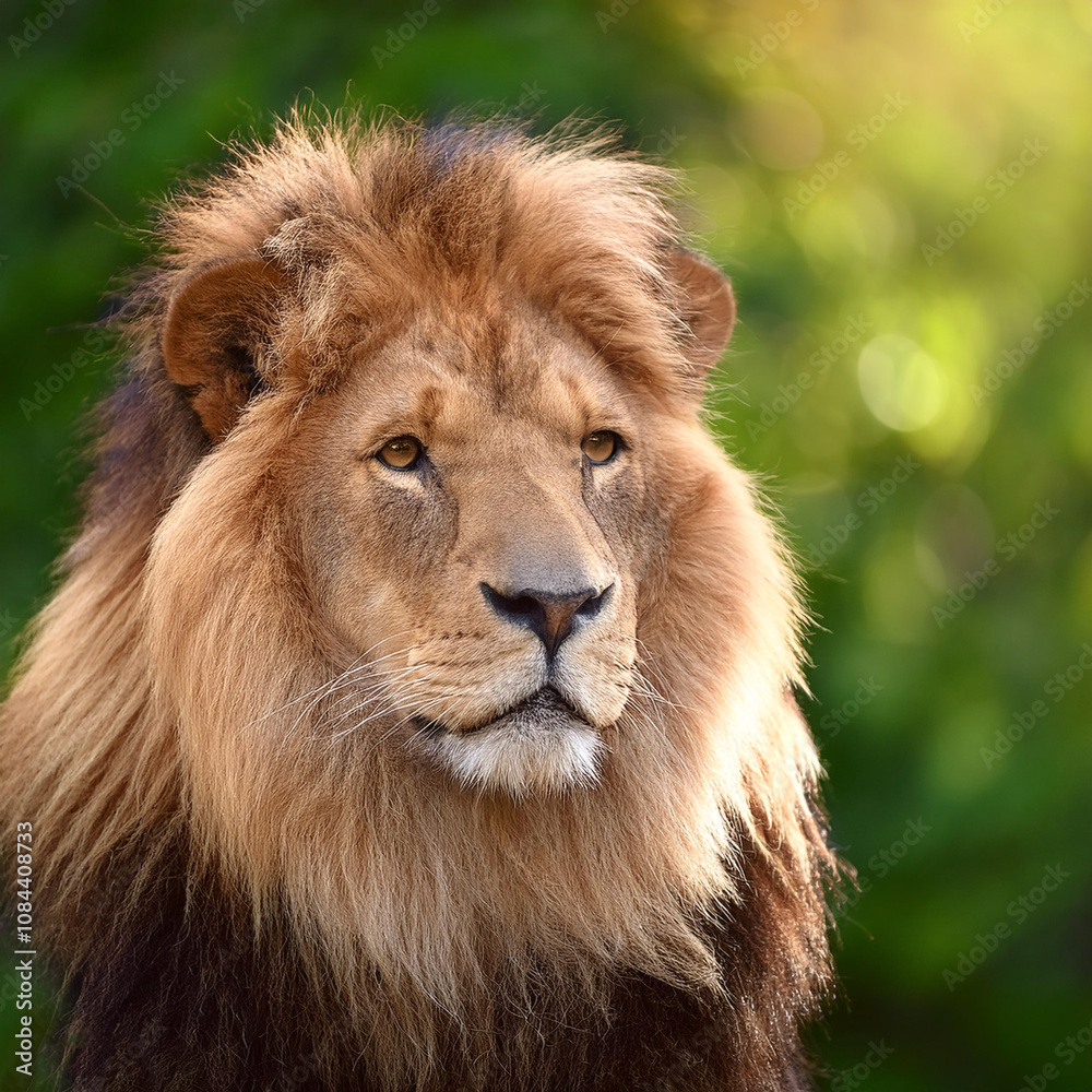 Fototapeta premium Lion. Symbolizes strength and courage with blur green bokeh background
