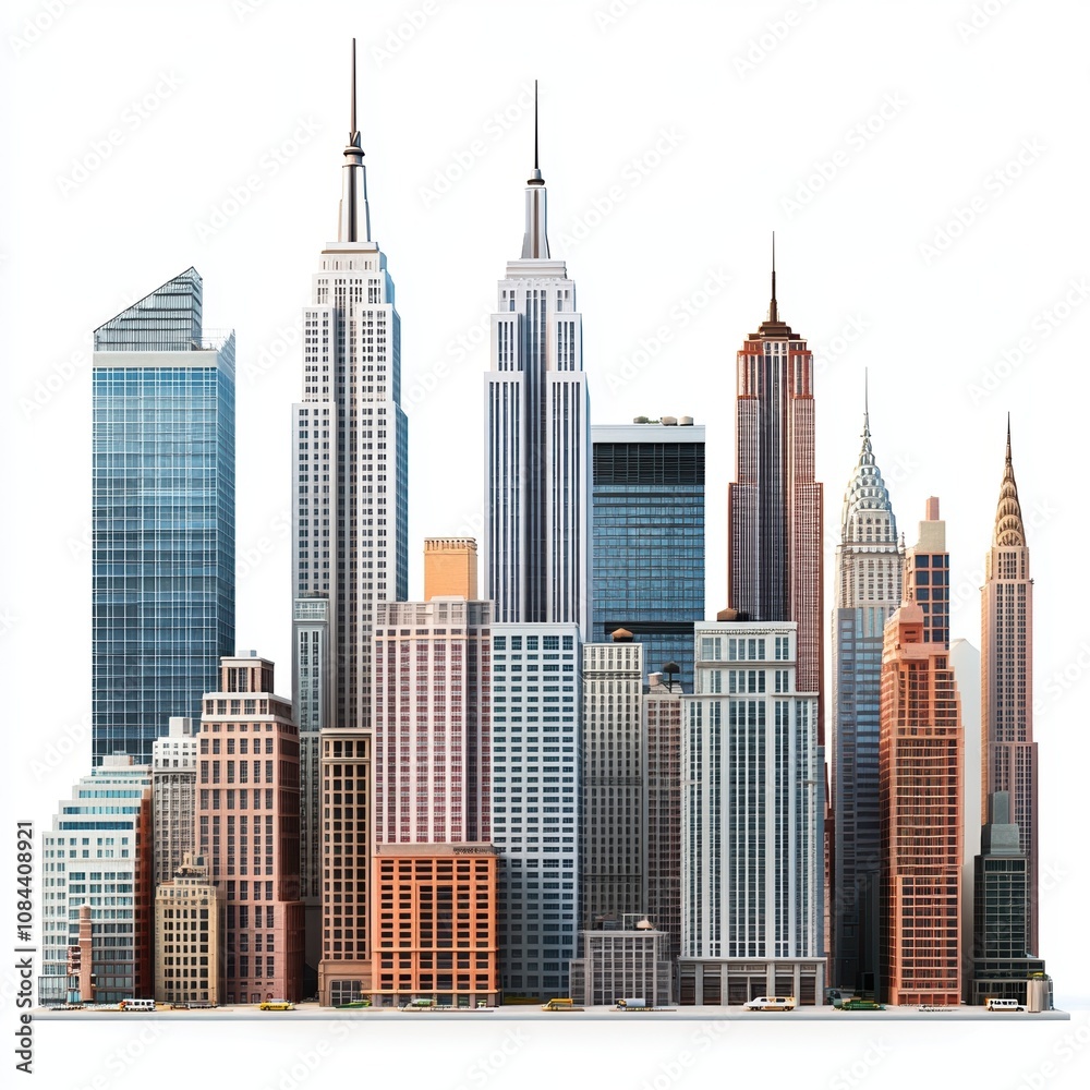 Fototapeta premium Stunning skyline with unique architectural designs on white background.