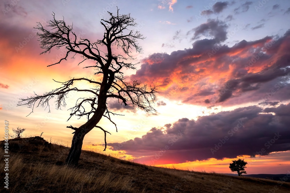 Captivating Candid Photography of a Dry Tree Silhouetted on a Hill Against a Breathtaking Sunset Sky with Vibrant Colors and Dramatic Clouds Captivating Candid Photography of a Dry Tree Silhouetted on a Hill Against a Breathtaking Sunset Sky with Vibrant Colors and Dramatic Clouds