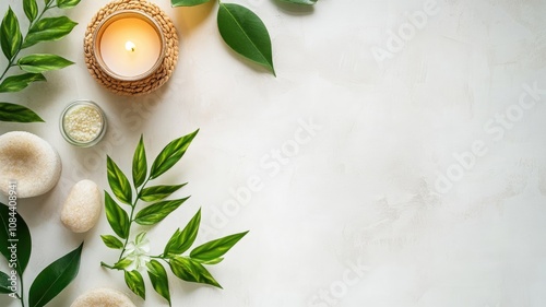 Spa setting with candle, leaves, and bath accessories