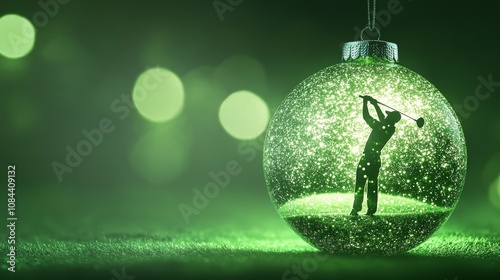 Festive golf Christmas bauble, golfer silhouette, green theme, winter sport, holiday spirit. 