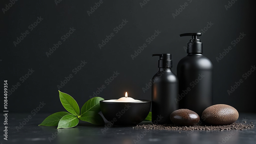 Luxurious spa essentials with black bottles and candle on a dark background. Luxurious spa essentials with black bottles and candle on a dark background.