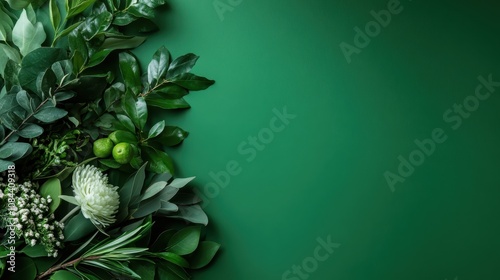 An assortment of lush green leaves with delicate floral accents displayed on a green background, symbolizing beauty, vitality, and harmonious diversity in nature. photo