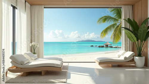 Luxurious beachfront villa interior with ocean view and tropical decor.