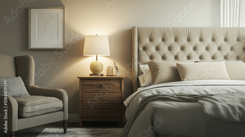 A welcoming guest bedroom with a soft, upholstered bed, a wooden nightstand with a lamp, and a small armchair in the corner.