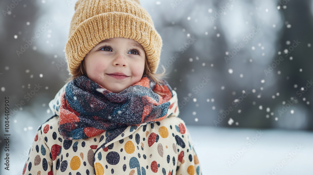 A wool coat in a cheerful pattern, paired with a fluffy scarf and a matching beanie, creating a playful winter outfit for kids. A wool coat in a cheerful pattern, paired with a fluffy scarf and a matching beanie, creating a playful winter outfit for kids.