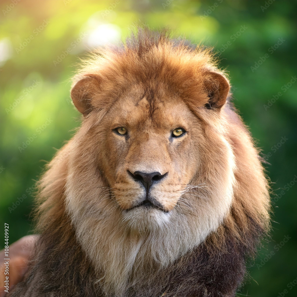 Lion. Symbolizes strength and courage with blur green bokeh background Lion. Symbolizes strength and courage with blur green bokeh background