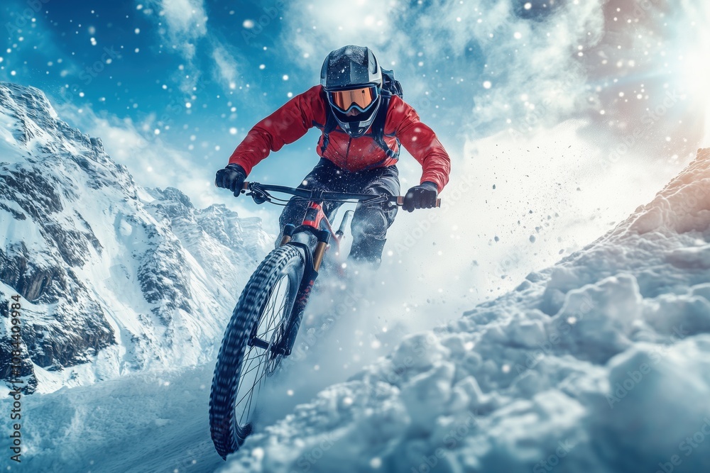Professional cyclist riding fat bike on snowy mountain trail in winter Professional cyclist riding fat bike on snowy mountain trail in winter