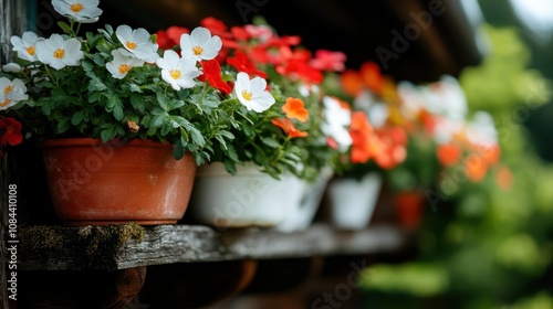 A line of potted flowers in rustic containers is illuminated by morning light, highlighting nature's simplicity and the charm of unsophisticated beauty.