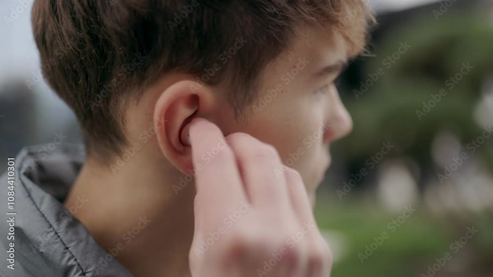 Teen boy removes wireless headphones outdoors, close-up of relaxed moment Teen boy removes wireless headphones outdoors, close-up of relaxed moment