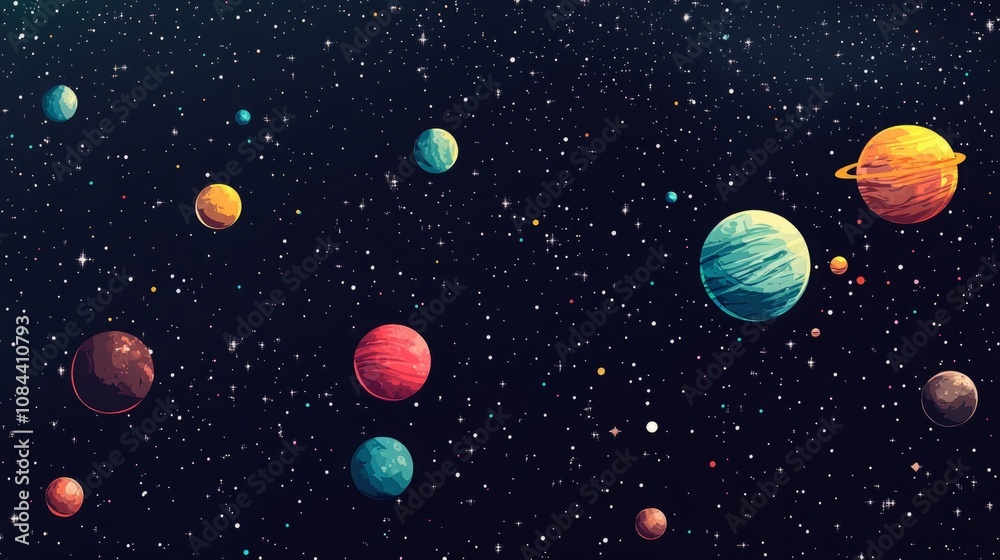Space background with colorful planets against the backdrop of shining stars. Abstract universe. Starry night sky. Deep cosmos. Black outer space Space background with colorful planets against the backdrop of shining stars. Abstract universe. Starry night sky. Deep cosmos. Black outer space