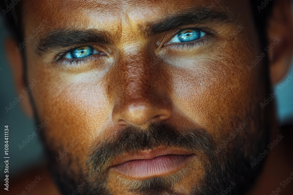 Fototapeta premium portrait of a man with striking blue eyes, full of emotion, captured in soft natural lighting, showcasing details of his expression and skin texture in a vibrant manner