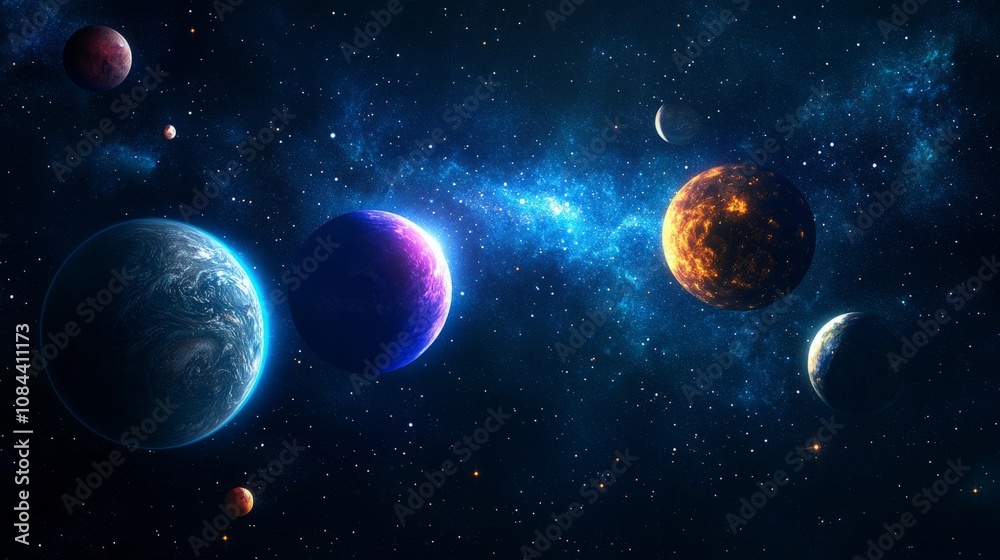 Space background with colorful planets against the backdrop of shining stars. Abstract universe. Starry night sky. Deep cosmos. Black outer space