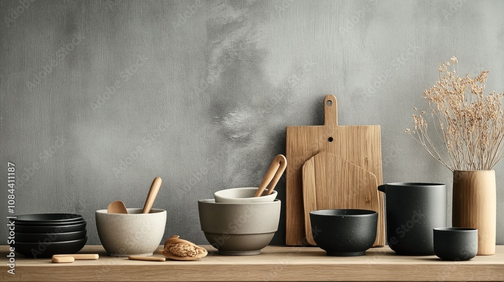 custom made wallpaper toronto digitalMinimalist kitchen still life with ceramic bowls, wooden cutting boards, and dried flowers in a vase on a wooden shelf against a gray background.