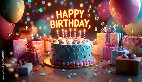 Colorful celebration birthday cake with colorful birthday candles and sparklers against a blue background