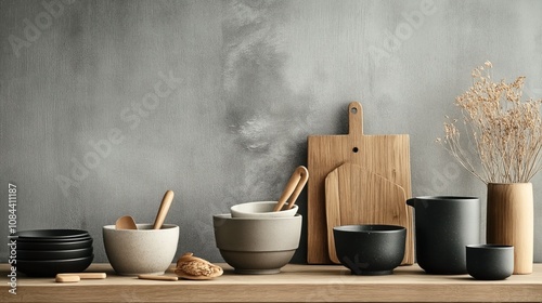 Wallpaper Mural Minimalist kitchen still life with ceramic bowls, wooden cutting boards, and dried flowers in a vase on a wooden shelf against a gray background. Torontodigital.ca