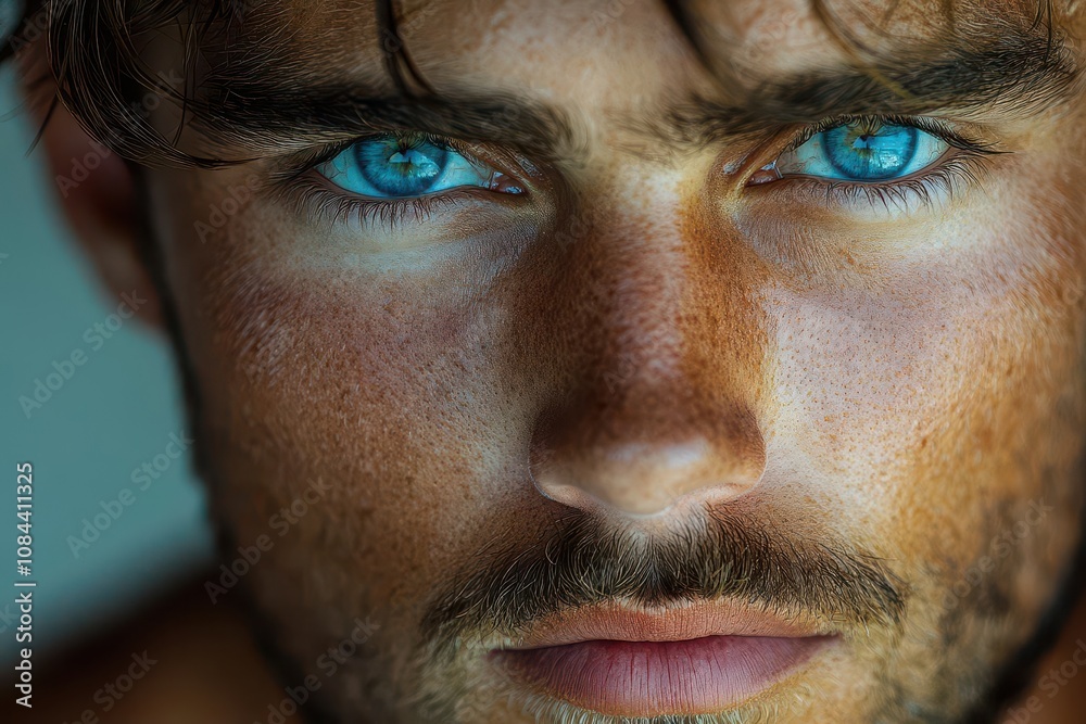 Obraz premium portrait of a man with striking blue eyes, full of emotion, captured in soft natural lighting, showcasing details of his expression and skin texture in a vibrant manner