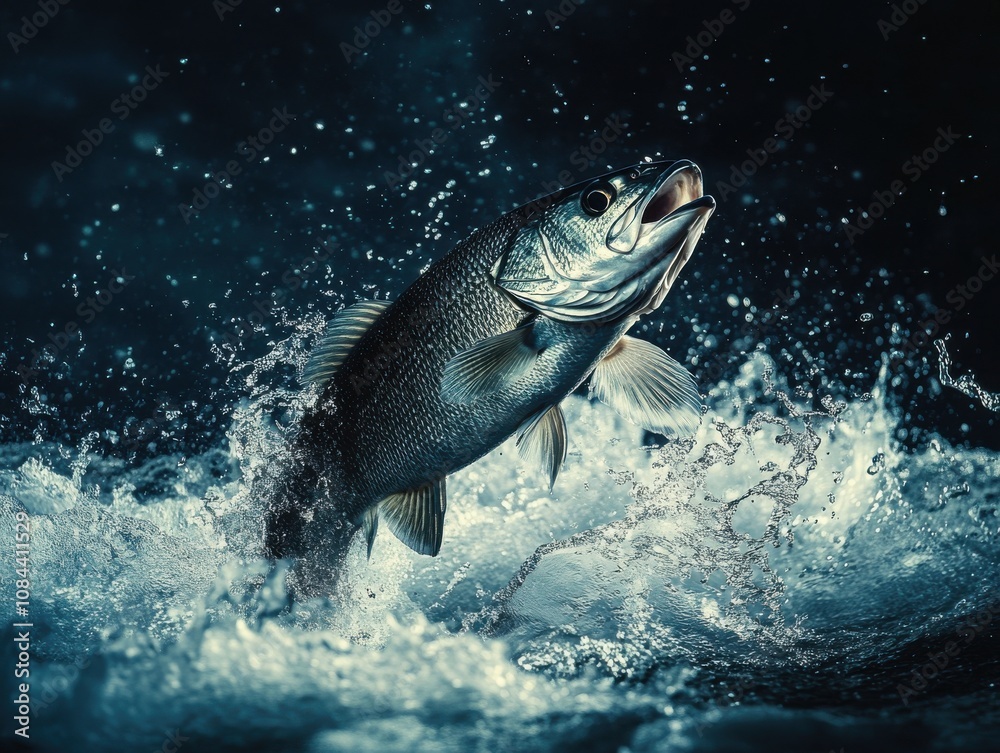 Fototapeta premium Photo of a largemouth bass jumping out of the water to catch food