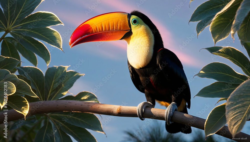 Fototapeta premium A colorful toucan rests on a branch, showcasing its striking beak and tropical foliage, highlighting the biodiversity of Central America.
